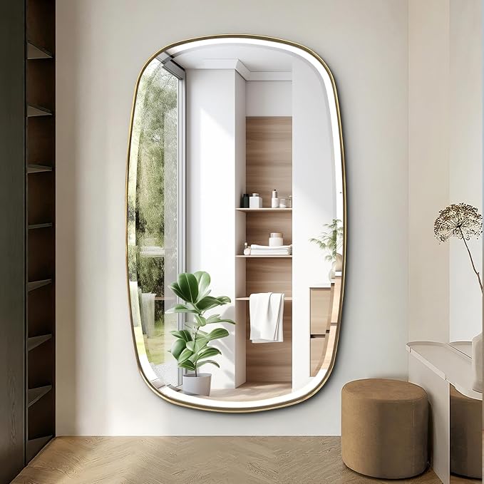 POZINO Gold Beveled Mirror, 28"x48" Modern Rounded Rectangle Mirrors, Large Brass Oval Mirrors, Oblong Vanity Wall Mirror for Bedroom Living Room Entryway Fireplace, Hangs Horizontal Or Vertical