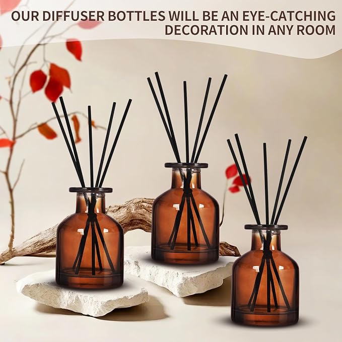 4 Pack Perfume Reed Diffuser Bottle,Empty Big Belly Aromatherapy Essential Oil Bottles Glass Jar with Black Sticks for DIY Fragrance Replacement Diffuser Sets (150ml/ 5 oz, Dark Brown Color)