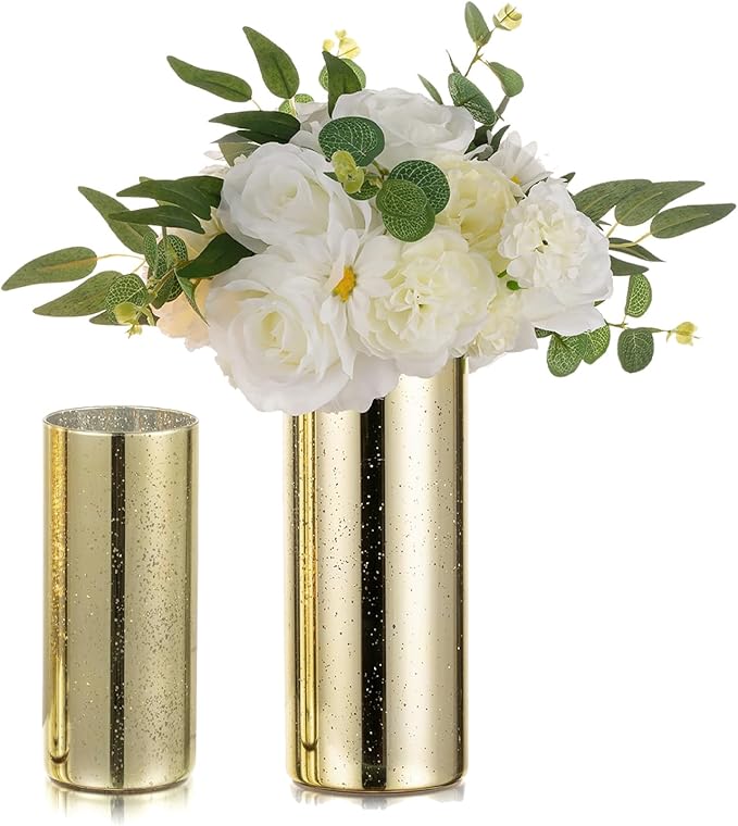 Glass Cylinder Vases Set of 2, Hewory Glittery Gold Vase for Centerpieces, Glass Hurricane Candle Holders for Pillar Floating Candle, Tall Round Vase for Wedding Anniversary Events Home Table Decor