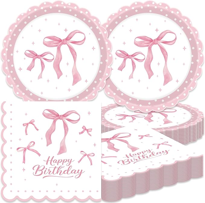 40Pcs Pink Bow Birthday Decorations Pink Bow Plates and Napkins Set Party Supplies for Baby Shower Decor Bachelorette Coquette Birthday Decorations for Girl