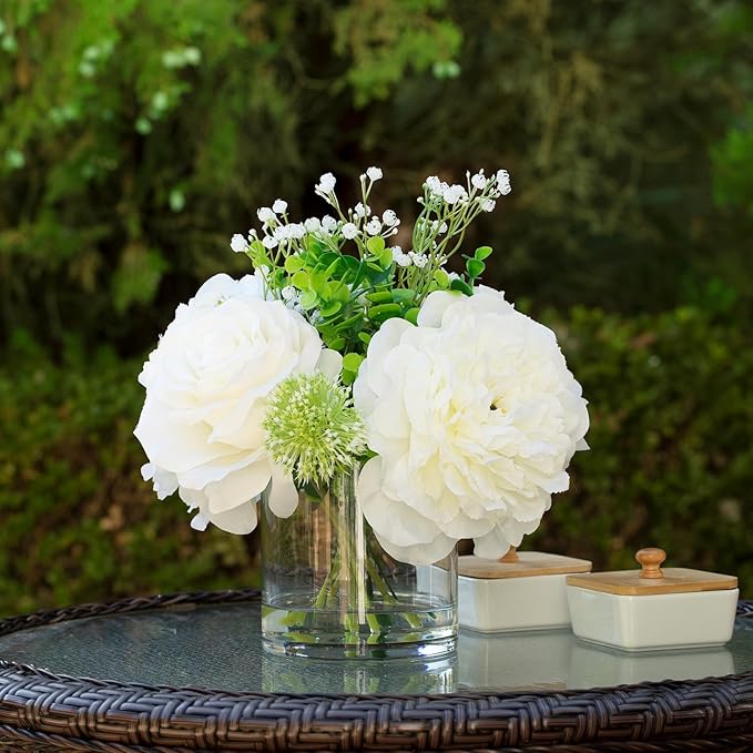 ENOVA FLORAL Artificial Rose Flowers in Vase, Mixed White Rose and Silk Peonies in Vase with Faux Water for Dining Table Centerpieces, Home Decor Indoor (FL-158-Cream)