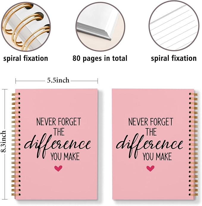 DSHFG Pink Notebook Journal for Women Employees Gifts, Notebooks for Work Office Supplies, Appreciation Gifts Thank You Gift, Spiral Notebook, Never Forget The Difference You Make, 5.5x8.3