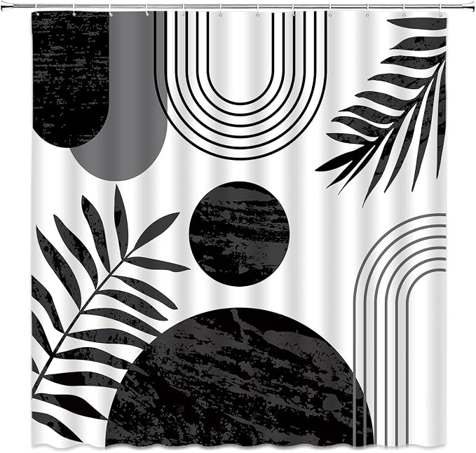 Mid Century Modern Shower Curtain Boho Black and White Abstract Retro Aesthetic Fabric for Bathroom Decor Bathtub with Hooks (70" WX74.8 H)
