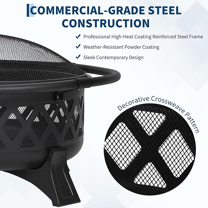 Outdoor Fire Pit 36 Inch Large Wood Burning with Lid Poker, Heavy Duty Round BBQ Firepit & Cold Rolled Steel for Outside, Patio, Picnic, Party