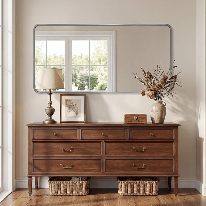 ANDY STAR 24x48'' Brushed Nickel Bathroom Vanity Mirror for Over Sinks, Rounded Rectangle Bathroom Wall Mirror in 1'' Rustproof Tube Metal Frame Mirror Decorative Wall-Mounted Horizontal/Vertical