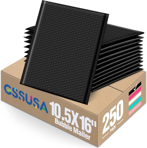 GSSUSA Large Bubble Mailers - 10.5x16 Inch Black Padded Envelopes | Strong Self-Seal Adhesion for Safe Shipping