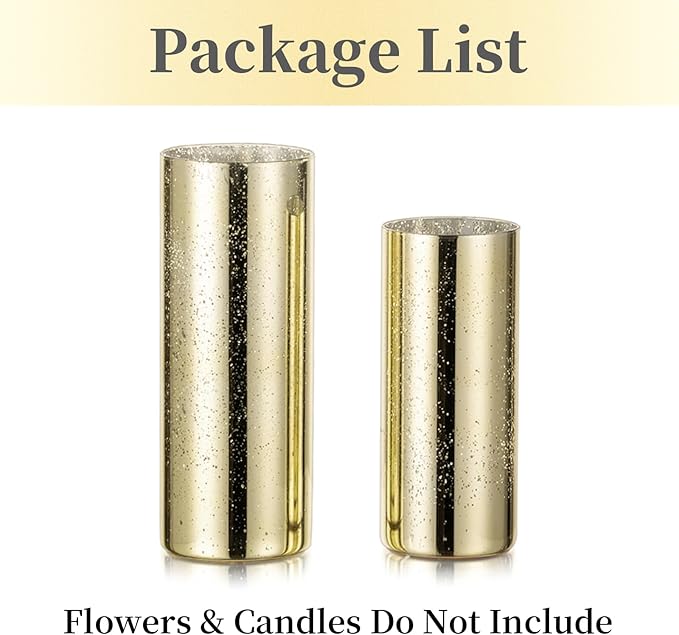 Glass Cylinder Vases Set of 2, Hewory Glittery Gold Vase for Centerpieces, Glass Hurricane Candle Holders for Pillar Floating Candle, Tall Round Vase for Wedding Anniversary Events Home Table Decor