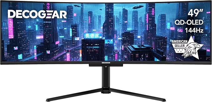 Deco Gear 49" Curved QD-OLED Ultrawide Monitor | 5120x1440 | 144Hz | HDR400 True Black | 0.03ms | FreeSync Premium | 100% sRGB | HDMI 2.1 | 90W USB-C | Built-in Speakers| Height Adjustable Stand