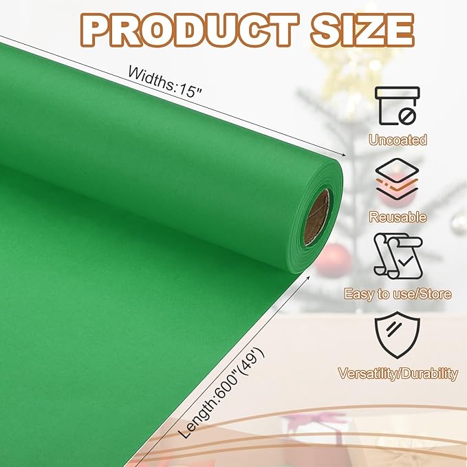 PATIKIL Wrapping Paper, 15" x 600"(49') 70 GSM Craft Paper Roll Kraft Packing Paper for Poster Bulletin Board, Gift Wrapping, Green