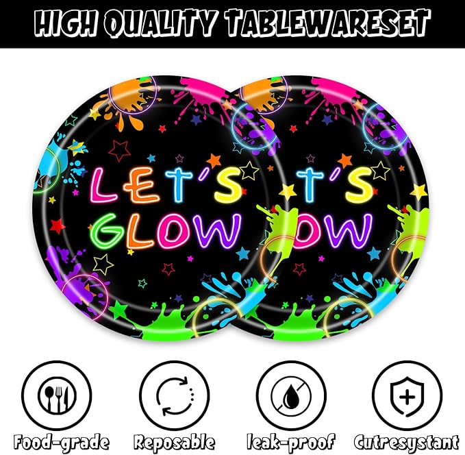 48pcs Neon Party Decoration Set,16 Dessert plate,16 Napkin And 16 Fork,16 persons Disposable tableware,Used Let Glow Birthday Party Supplies