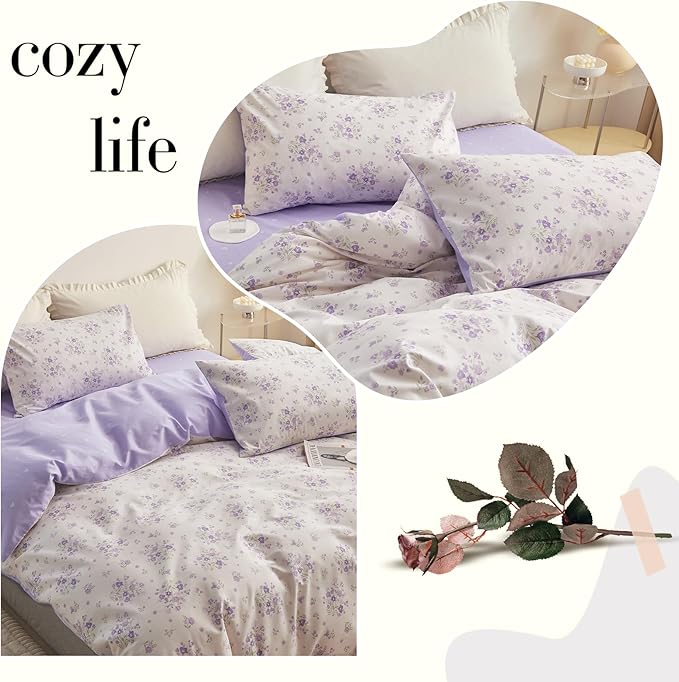 Purple Flower Duvet Cover Twin Soft Cotton Girls Floral Duvet Cover Garden Style Lavender Comforter Cover Vintage Purple Floral Bedding Set Aesthetic Botanical Comforter Cover with 2 Pillowcases