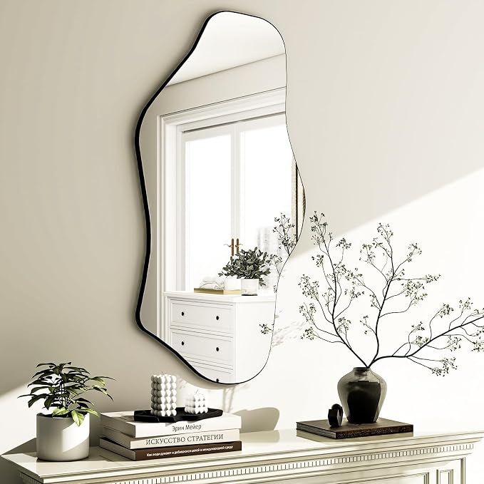 GLSLAND Irregular Wall Mirror 20"x40" - Frameless Wavy Bathroom Mirror with Asymmetrical Edge, Wall Mirrors Decorative for Bedroom, Living Room, Hallway