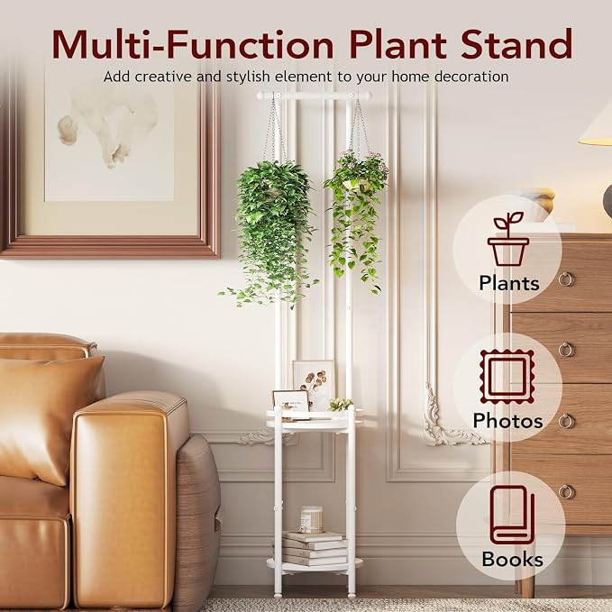 Homsorout Plant Stand Indoor Outdoor - Heavy Duty Metal 2-tier Hanging Plant Holder Space-Saving Iron Plant Stands Tall Plant Shelf for Living Room Garden Balcony (White)