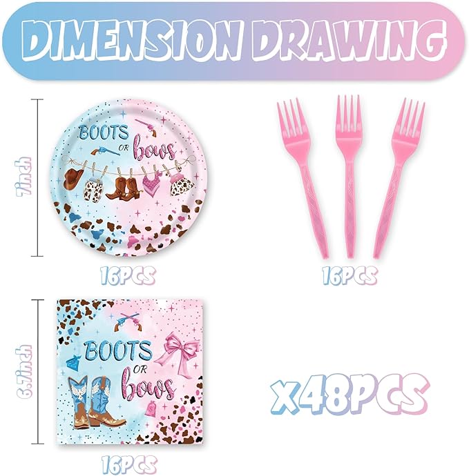 48pcs Pink Blue Gender Reveal Party Decoration Set,16 Dessert plate,16 Napkin And 16 Fork,16 persons Disposable tableware,Used Cowgirl Birthday Party Supplies (Multicolor 25)