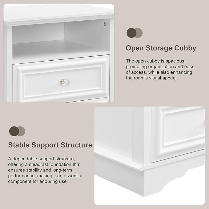 XIAO WEI Nightstand with Hidden Drawer Set of 2, 2-Drawer Nightstand with Open Shelf – Sturdy Wood Bedroom End Table for Storage, Modern Furniture for Bedroom Organization,White