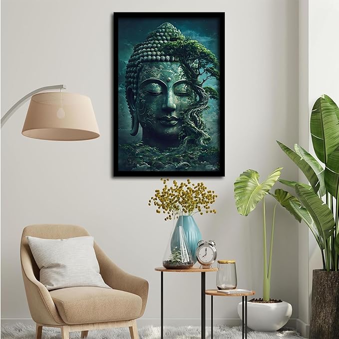 Buddha statue wall art canvas wall decor aesthetic picture mystical nature art for tranquil home and spiritual space 12x18in Metal blackFramed