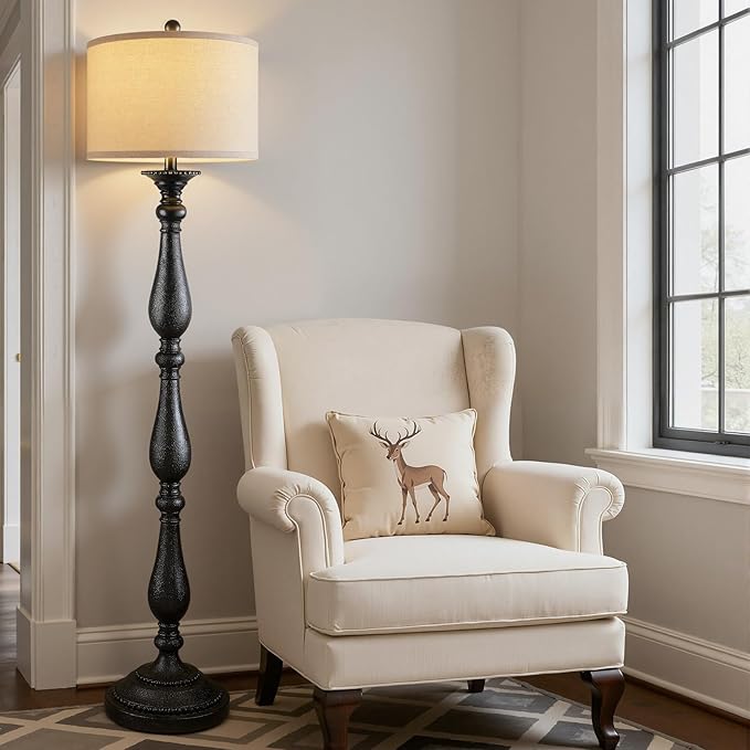 PARTPHONER Vintage Floor Lamp for Living Room, Rustic Farmhouse Standing Lamp with Rotary Switch and Linen Shade, Retro Resin Floor Lamp for Bedroom, Corner, Dining Room, House Decor, Black