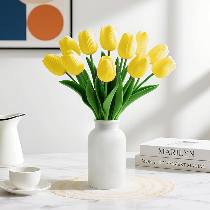 20Pcs Fake Tulips Artificial Flowers Faux Tulips Real Touch PU 13" Yellow Tulip Bouquet for Home Kitchen Decor Home Party Office Decorations
