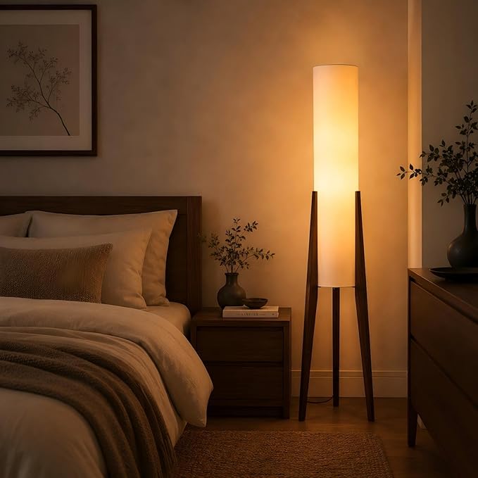 Bofea-Farmhouse Floor Lamp for Living Room & Bedroom,Walnut Wood Vintage Standings Lamp with Foot Switch, 3 Color White Fabric Tall Lamp,Decorative Tower Shade Lamp for Hotel Cafe Study
