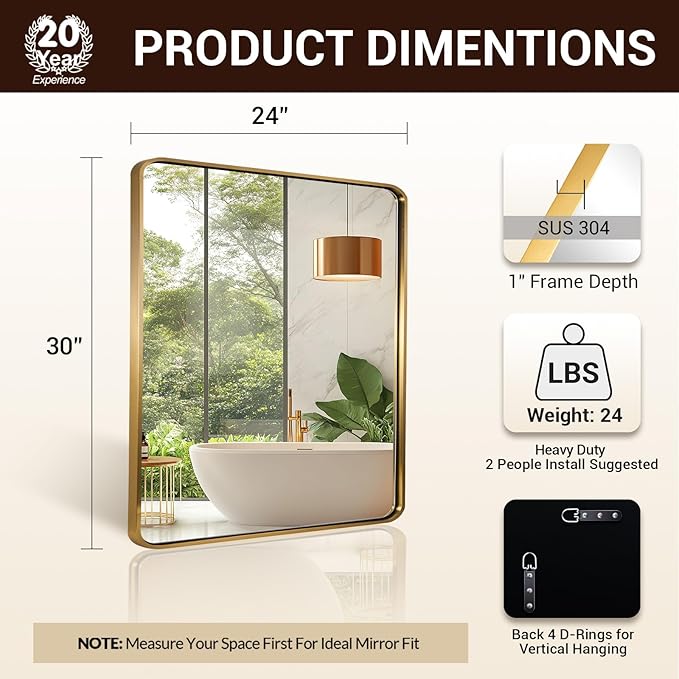 ANDY STAR 24x30’’ Gold Bathroom Mirror, Brushed Brass Mirror, Rounded Rectangle Mirrors for Bathroom Sink, Rustproof Tube Metal Framed, 1’’ Deep Wall Mounted Vertical/Horizontal