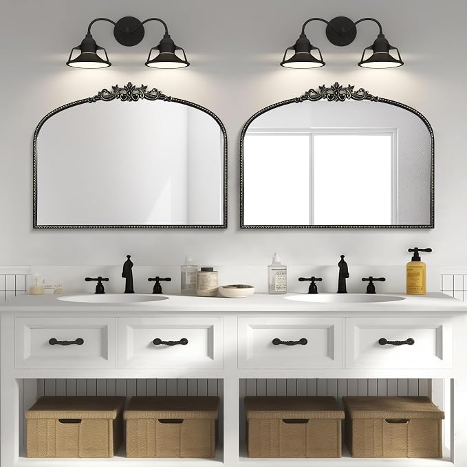 WallBeyond Black Vintage Mirror for Vanity 32x24 Inch, Black Antique Mirror with Ornate Frame, Arched Vintage Wall for Bathroom, Living Room, Fireplace, Entryway