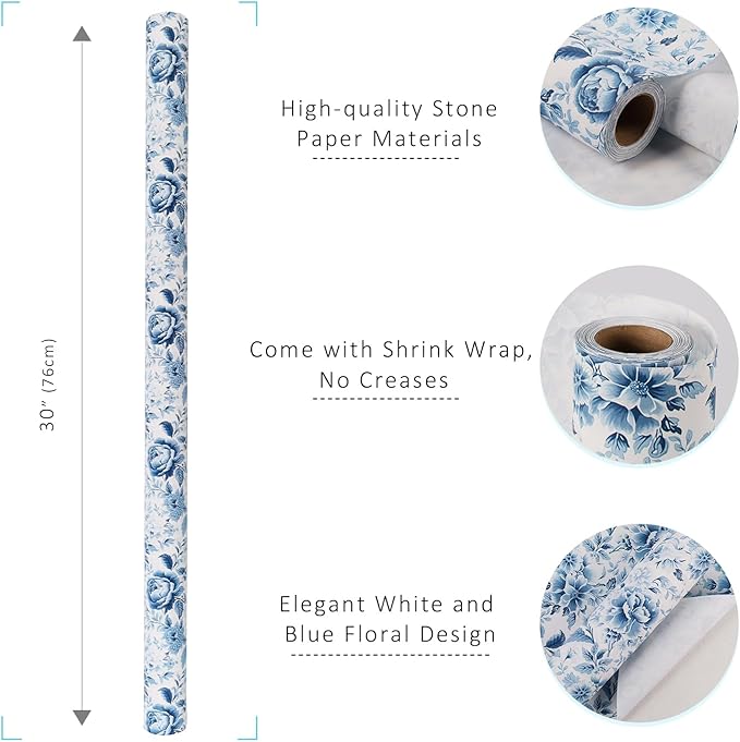 BIOBROWN Floral Wrapping Paper Jumbo Roll - 30 Inch X 33 Feet (82.5 sq. ft. ttl.) Blue White Peony Design Chinoiserie Gift Wrap Stone Paper for Christmas, Wedding, Bridal Shower, Mother's Day