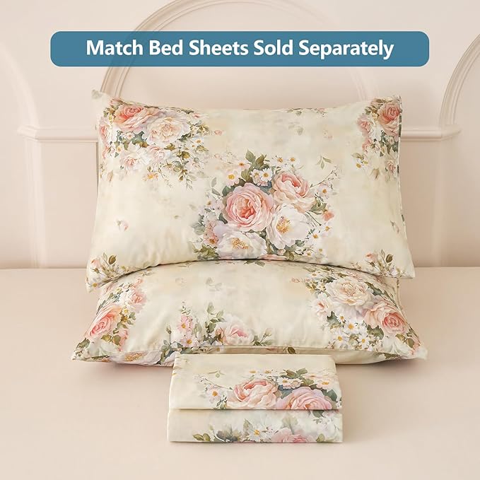 Ruffle Floral Duvet Cover Set 100% Cotton King Size, Shabby Blush Pink Cream Rose Comforter Cover, Satin Weave, Soft & Breathable, French Country Cottagecore Bedding 3Pcs-Not Comforter