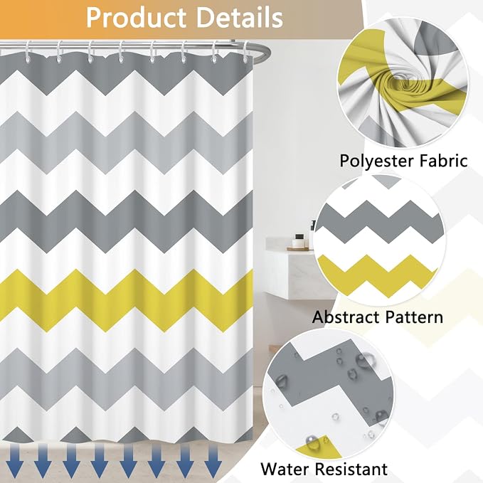 Grey Yellow Striped Shower Curtain, Chevron Zigzag Geometric Pattern Shower Curtains for Bathroom with Hooks, Hotel Style Waterproof Polyester Fabric Shower Curtain Set, Weighted Hem, 72x72 Inch