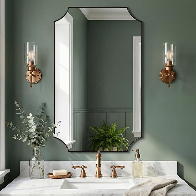 ANDY STAR Brushed Bronze Mirror, 24"x40" Bathroom Vanity Mirror, Scalloped Rectangle Mirror with Rust-Proof Stainless Steel 1" Frame, Hangs Vertically or Horizontally