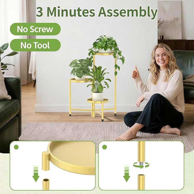 LASZOLA 3 Tier Large Plant Stand Indoor Tall with 10 Inch Metal Tray, Corner Folding Flower Display Rack, Modern Plant Holder Shelf for Outdoor Patio Porch Garden Office Living Room, Gold