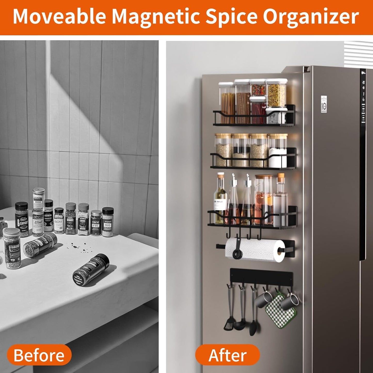 Skiennix Magnetic Spice Rack - Multifunctional Shelf for Metal Surfaces | Includes Paper Towel Holder (5 Pcs - Black)