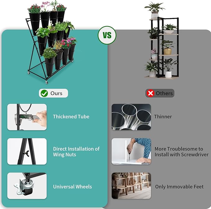 Flower Display Stand with 12 Buckets, 3 Layer Metal Plant Stand Indoor with Wheels, Heavy Duty Moving Flower Cart Flower Rack for Outdoor Patio, Garden, Florist