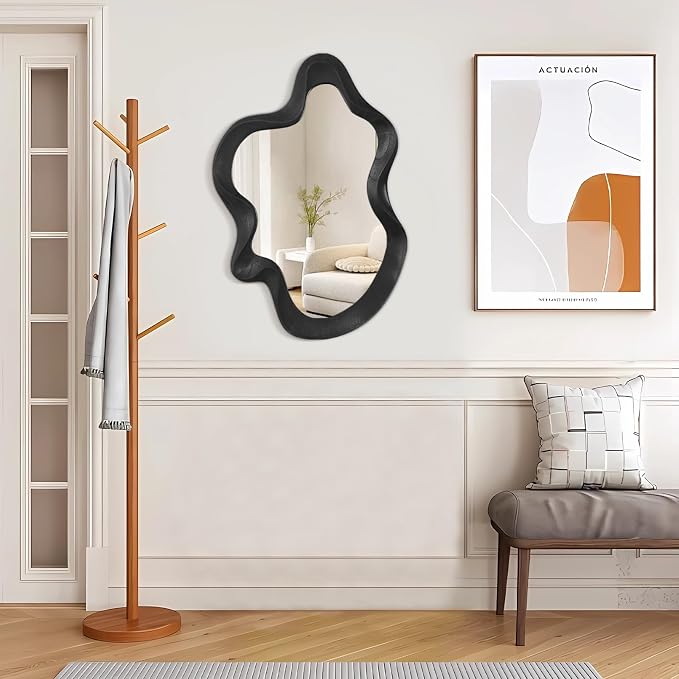 Large Irregular Wavy Mirror Modern Cloud Wall Mirror Asymmetrical Wooden Framed Wall Mirror Wall Mounted Unique Shape Vanity Artistic Mirror Decor for Bedroom Living Room Bathroom Entryway