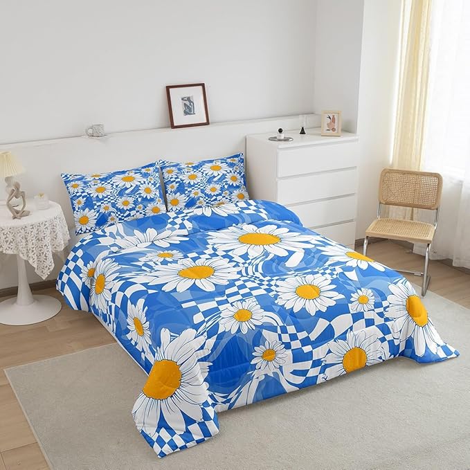 Castle Fairy Kids Abstract Bedding Comforters King Size,White Daisy Flowers Boys Girls Comforter Set Room Decor,Blue Zebra Stripes Geometric Plaid Modern 3pcs Bedding Set Chic Xmas Present