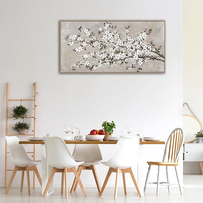 VEAEE White Blossom Branches Wall Art, Floral Canvas Prints, Living Room Decor Abstract Flowers Painting Canvas Pictues, Contemporary Artwork Bedroom Office Kitchen Wall Decor Ready to Hang 20"x40"