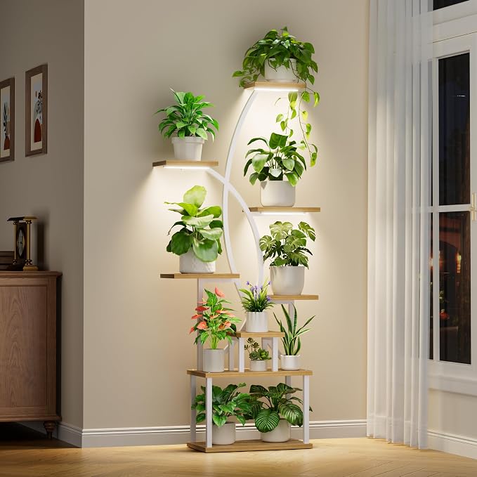 Plant Stand Indoor with Grow Lights, 8 Tiered Tall Plant Shelf for Indoor Plants Multiple, 65" Large Corner Shelves Metal Curved Flower Holder Display Rack for Living Room Patio Balcony, White