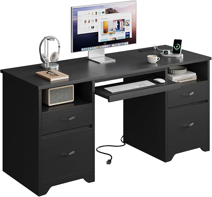 Bestier 59” Computer Desk with 4 Drawers, Office Desk with Storage, Modern Executive Desk with Charging Station, Keyboard Tray & Wooden Pedestals on Both Sides for Home Office & Studio, Black