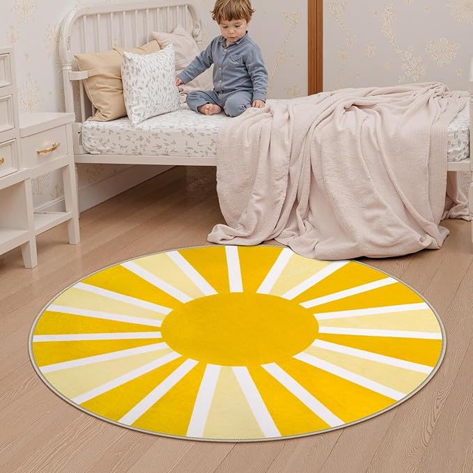 Lahome Yellow Rainbow Sun Round Rug: 4ft Washable & Non-Slip Low Pile with Cute Boho Print for Nursery, Bathroom, Bedroom, Kids Room & Dorm