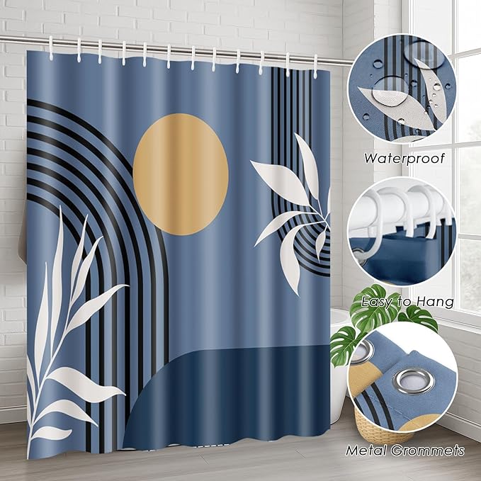 Boho Mid Century Shower Curtain Set with Toilet Lid Cover and Non-Slip Rugs, Abstract Geometric Blue Background 4 Pcs Modern Minimalist Vintage Shower Curtain for Bathroom Set with 12 Hooks