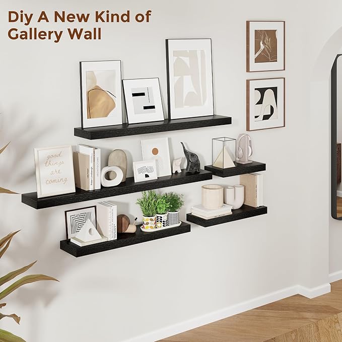Heimlove 24 Inch Floating Shelves for Wall Black Shelves Set of 2,Wall Mounted Rustic Wood 8 Inch Deep Floating Shelf with Invisible Brackets for Bedroom Kitchen Living Room