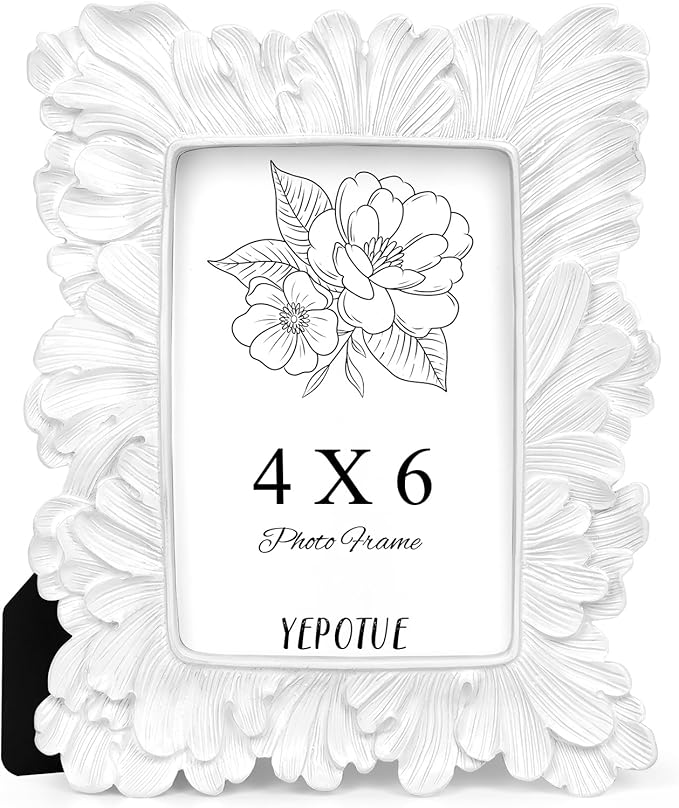 4x6 Vintage Picture Frame White, Ornate Leaves Photo Frame with Glass Front, Elegant Picture Frame for Wall or Tabletop Display, Gift ldeas for Home Decor