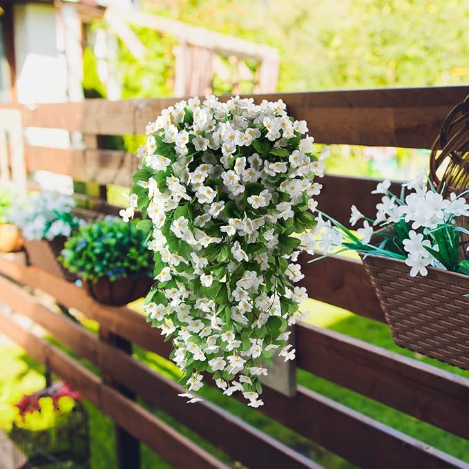 Artificial Fake Hanging Flowers Plants for Outdoor Spring Summer Decoration, 2PCS Faux Silk Violet UV Resistant Look Real Trailing Vines for Outside Home Planter Porch Patio(White)