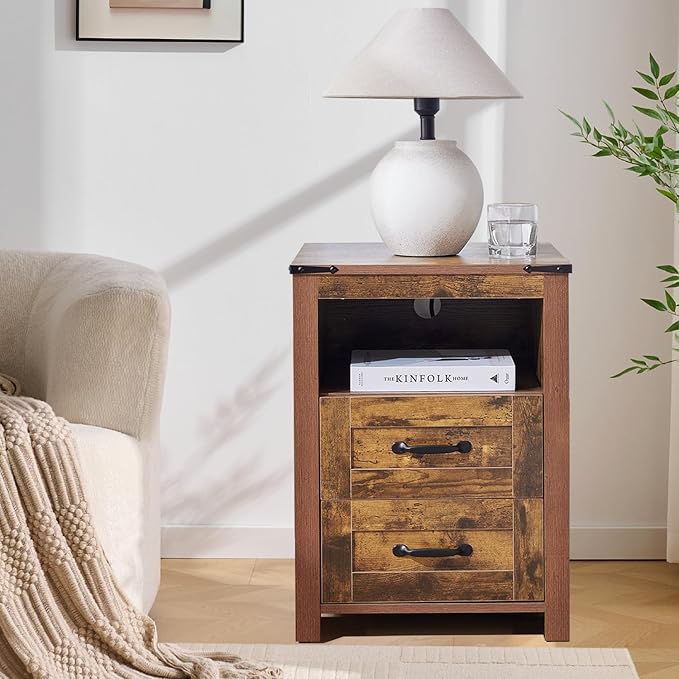 Farmhouse Night Stand, Rustic Brown Nightstand for Bedroom, End Tables Without Charging Station, Bedside Table with Drawers, Wood Bedside Cabinet Dresser