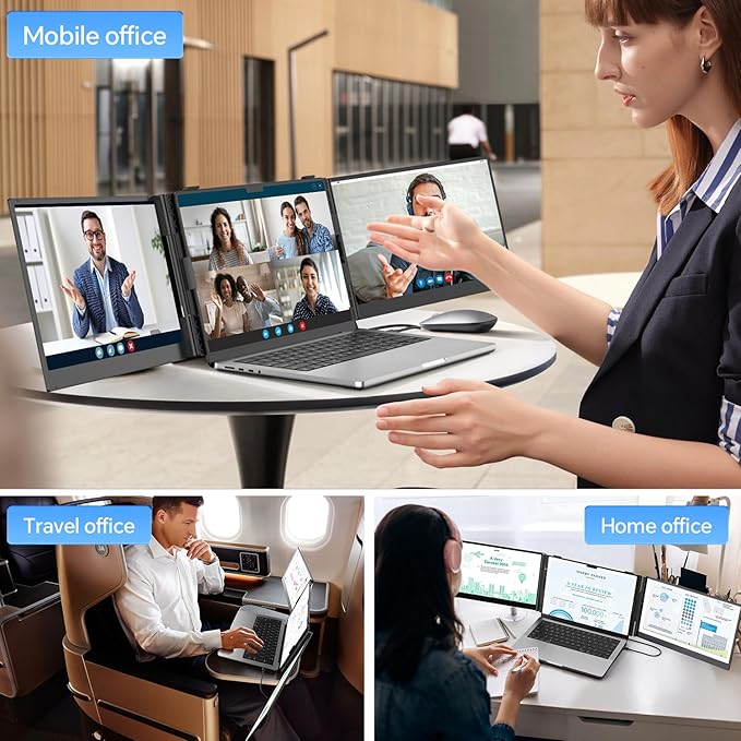 POTTMACEE 14.2’’ Triple Laptop Screen Extender, 0.17" Ultra-Slim FHD 1080P Portable Monitor for Laptop, Tri-Screen Travel Monitor Extender, Plug-Play for Windows/Mac/Chrome, Fit 13”-17.3” Laptops