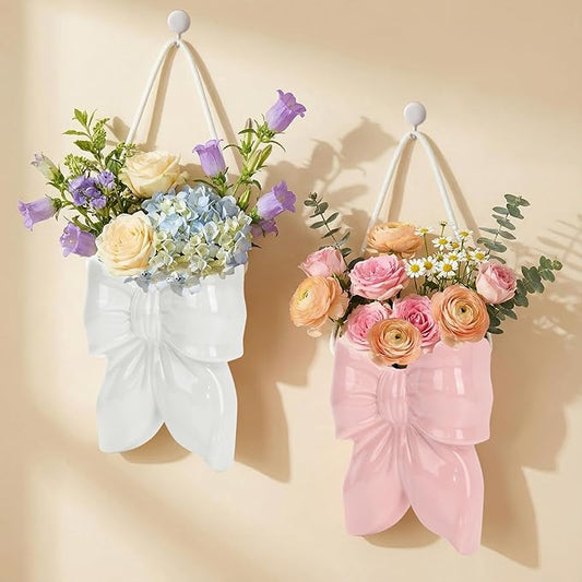 2 Pack Ceramic Hanging Planter Wall Vase with Rope, Bow Design for Indoor Plants, Fresh and Dried Flowers, Home Office Bathroom Living Room Bedroom Wall Decor