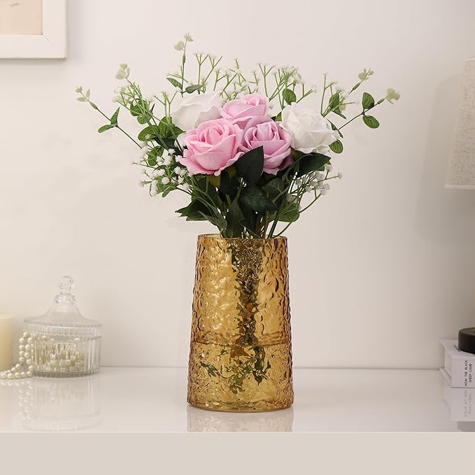 Amber Glass Vase, Flower Vases for Bouquet, Modern Glass Vase for Flowers, Large Vases for Living Room, Bedroom, Kitchen, Office, Wedding, Dining Table, 8 Inches
