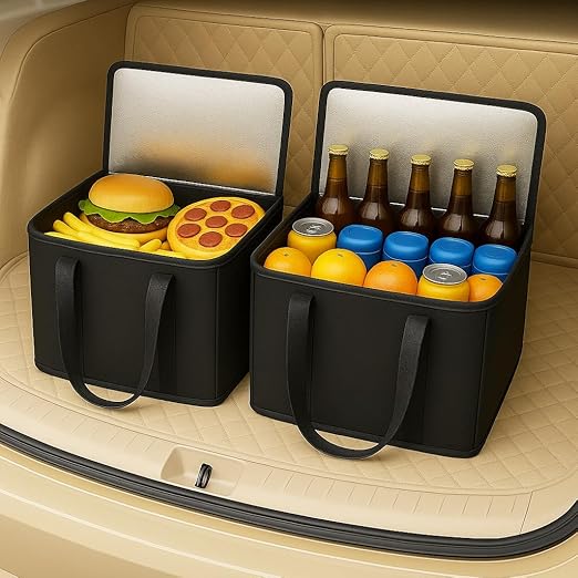 2Pk Trunk Organizer for Car Insulated Reusable Grocery Bags, Collapsible Cooler Bag for Groceries, Heavy Duty Large Insulated Bag (Large, Charcoal Black)