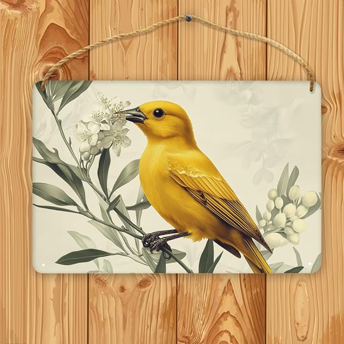 Artful Retro Yellow Bird on Blossom branches Wooden Wall Art, Botanical Home Decors for Nostalgia Seekers, 12x8 Inch Wood Sign for a Warm Living Space Touch