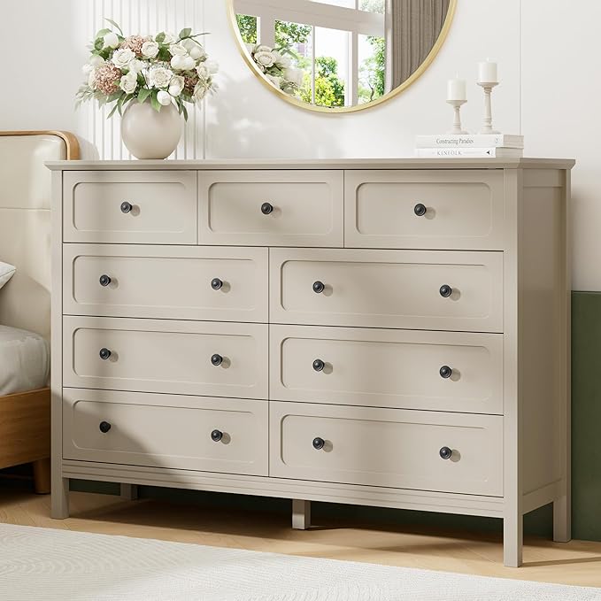 Dresser for Bedoom, Modern Chest of Drawers, Wood 8 Drawer Dresser with Metal Handles, Storage Organizer Wide Dressers for Living Room, Hallway, Entryway, Beige