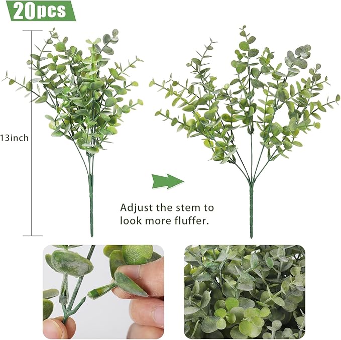 RECUTMS 20 Bundles Faux Eucalyptus Stems Artificial Plants Outdoor Faux Greenery for Outdoor Planters Boxwood Bushes for Farmhouse Bathroom Office Vase Centerpiece Indoor Outdoor Decor(Dusty Green)